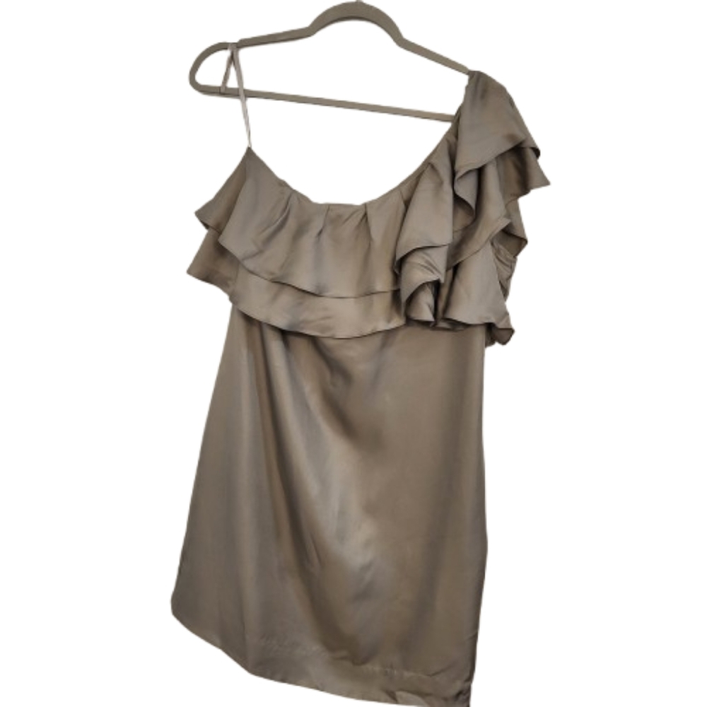Banana Republic Silk One Shoulder Ruffle Mini Dress Taupe Tan Women's‎ size 12
